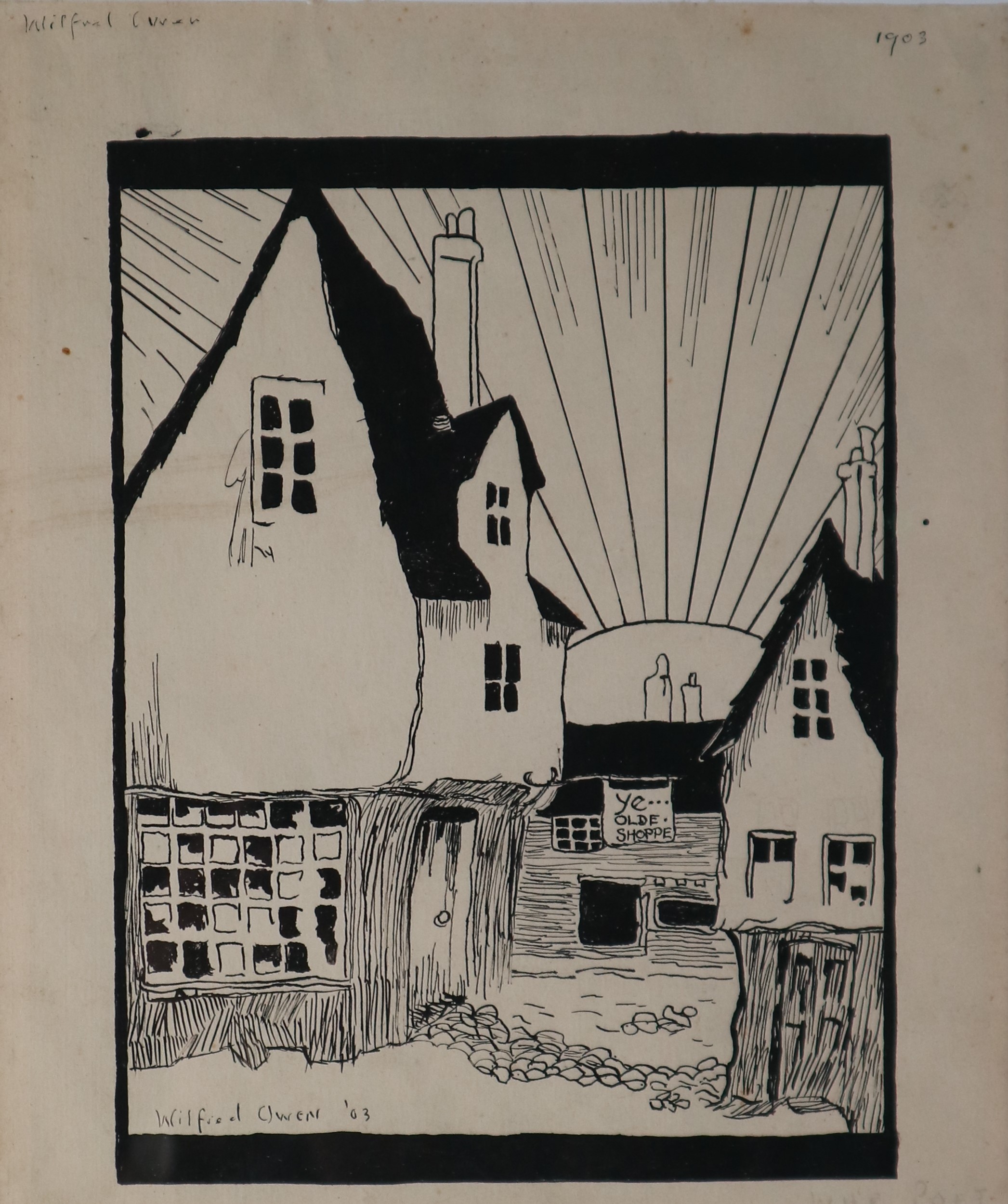 Wilfred Owen (British 1893-1918), pen and ink drawing, 'Ye Olde Shoppe'